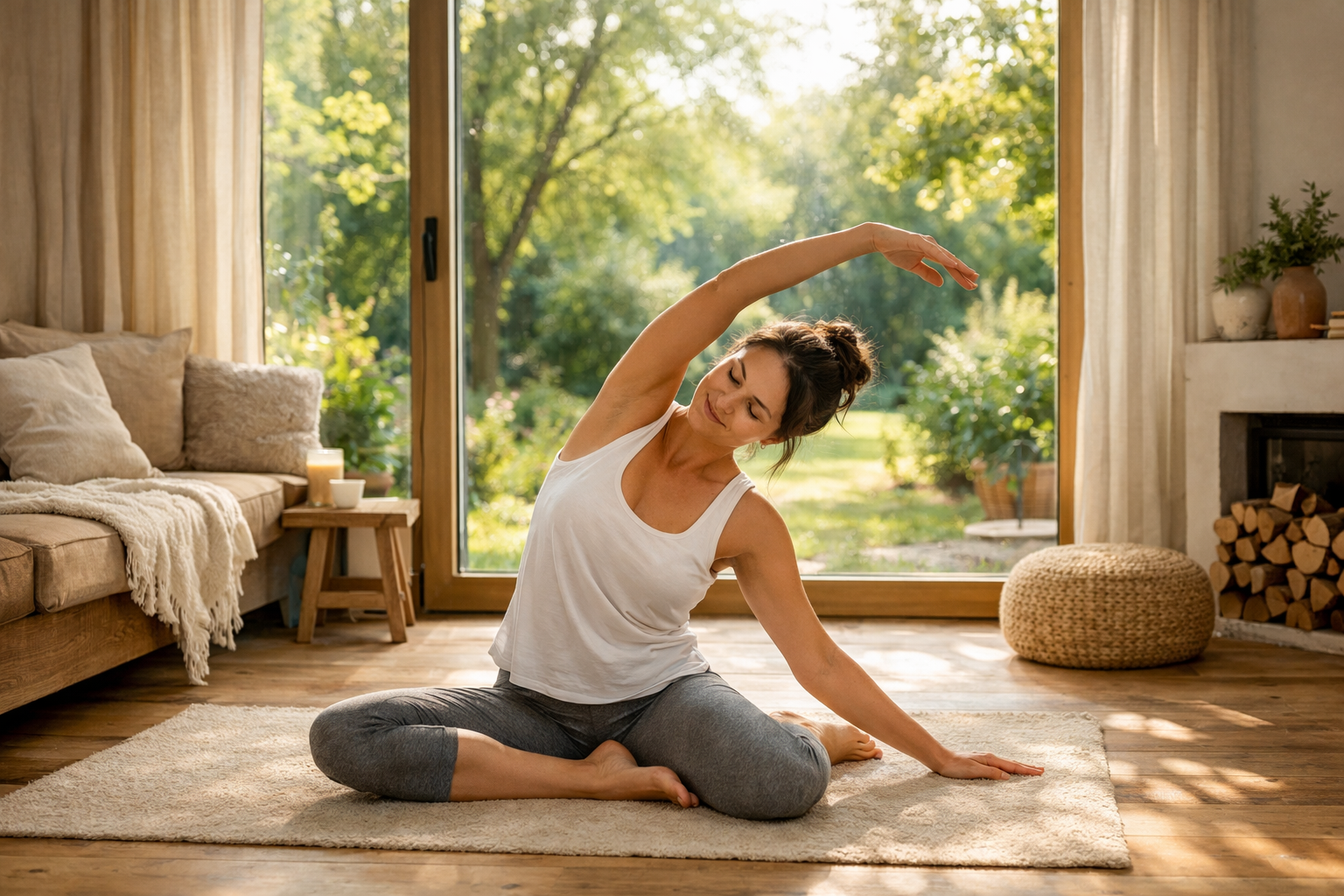 Person macht Yoga-Übungen zu Hause am Fenster