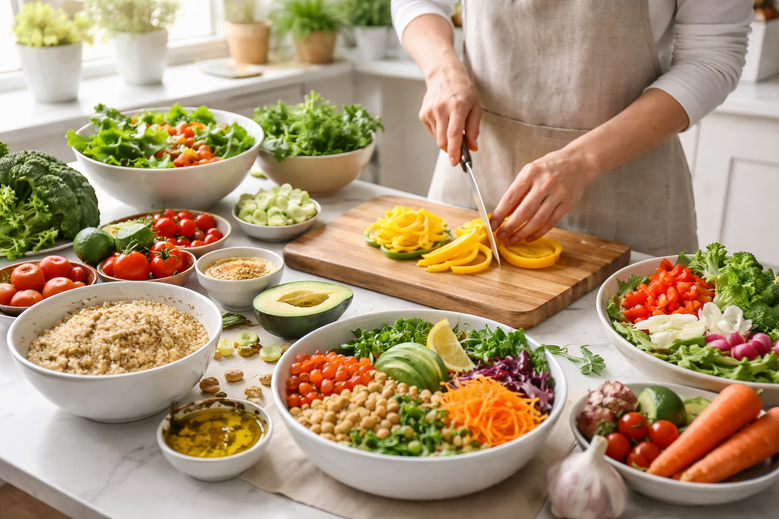 Frische, bunte Mahlzeit mit Gemüse und Vollkornprodukten